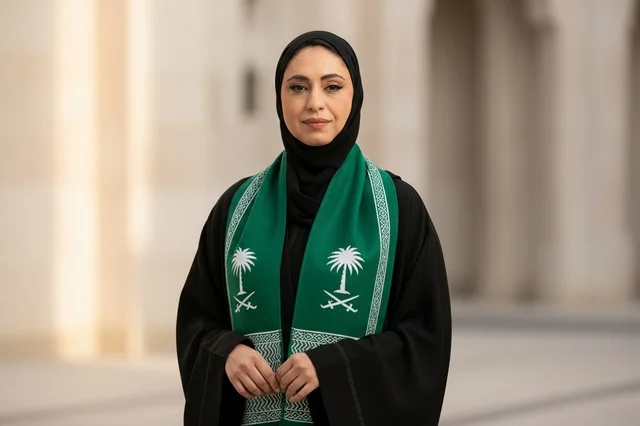 امرأة سعودية بالعباءة والوشاح الوطني الأخضر