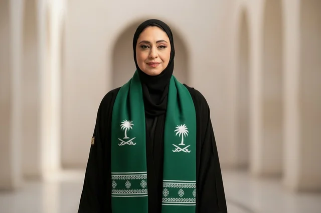 Saudi Woman in Abaya with National Green Scarf