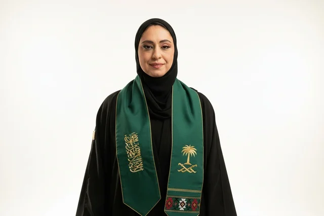 Saudi Woman in Traditional Abaya and National Scarf
