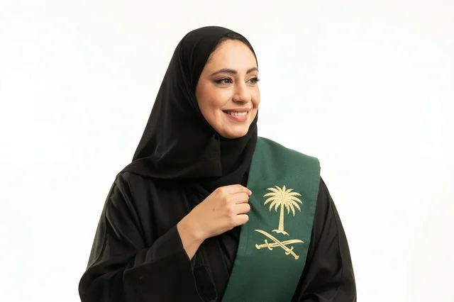 امرأة سعودية بالعباءة التقليدية ووشاح اليوم الوطني