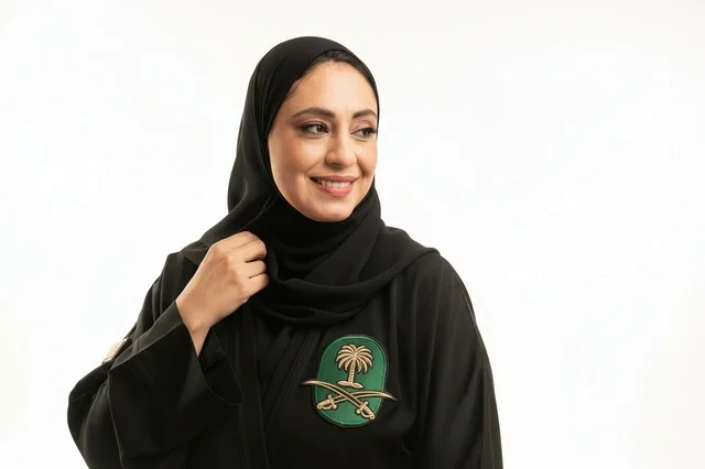 Saudi Woman in Traditional Abaya with National Emblem