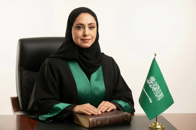 Saudi Female Lawyer in Judicial Robe with Flag