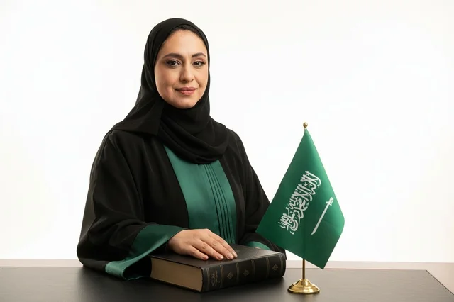 محامية سعودية مع العلم الوطني وكتاب القانون