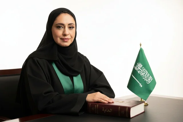 Saudi Female Lawyer at Desk with National Flag