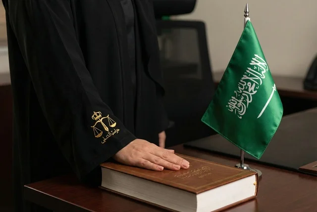 Saudi Female Judge with Law Book and Flag