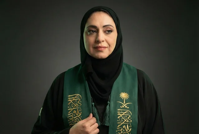 Saudi Woman in Abaya with National Day Scarf