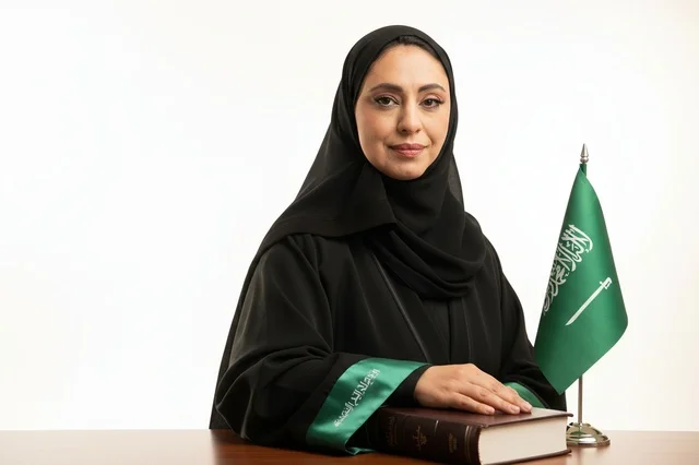 محامية سعودية بالزي الرسمي مع العلم الوطني