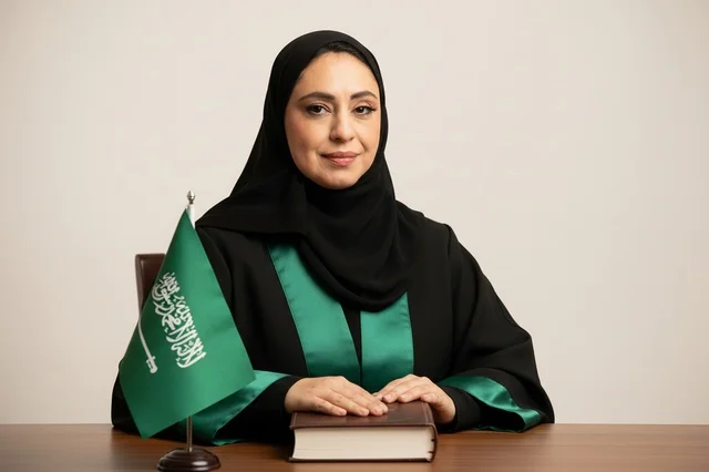 Saudi Female Lawyer in Professional Uniform with Flag