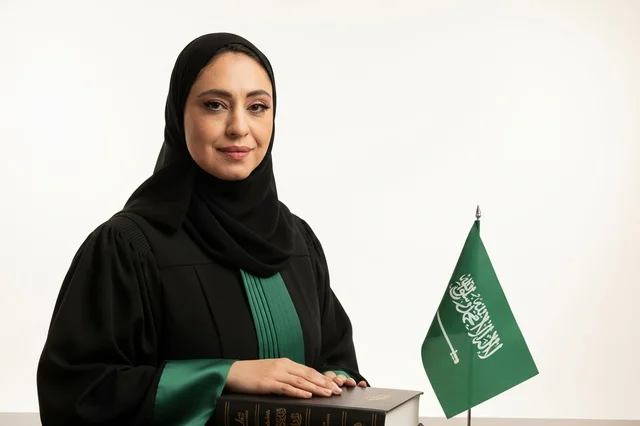 Saudi Female Lawyer in Judicial Robe with Flag and Law Book