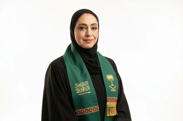 Saudi Woman in Abaya Wearing National Day Scarf