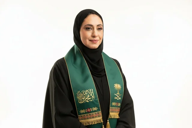 Saudi Woman in Traditional Abaya and National Day Scarf