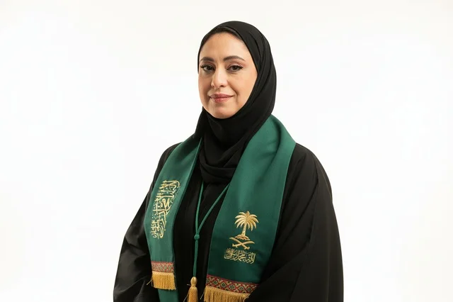 Saudi Woman in Abaya with National Green Sash