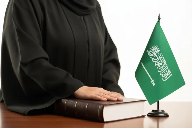 امرأة سعودية تضع يدها على كتاب مع علم السعودية
