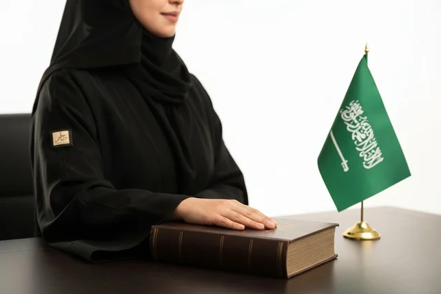 امرأة سعودية بالعباءة مع العلم السعودي والكتاب