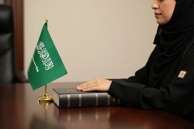 امرأة سعودية بالعباية تؤدي القسم بجانب العلم