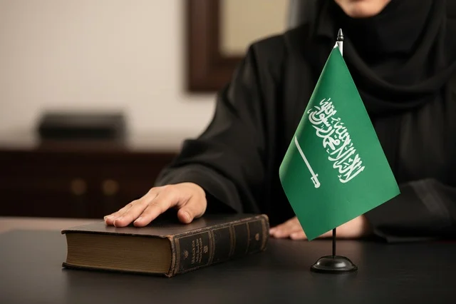 امرأة سعودية مع العلم والكتاب في المكتب