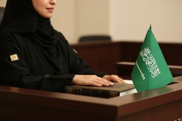 امرأة سعودية تؤدي القسم على المصحف مع العلم السعودي