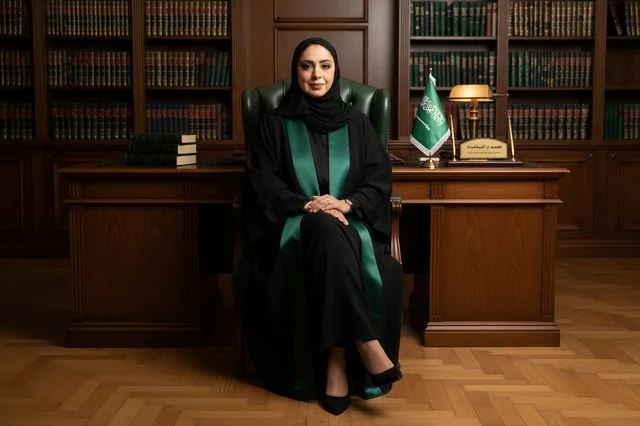 Saudi Female Lawyer Sitting in Law Office Library
