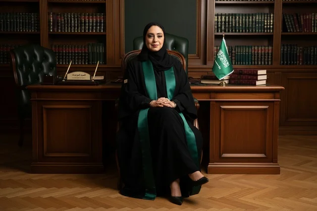 محامية سعودية في مكتب قضائي رسمي مع العلم السعودي