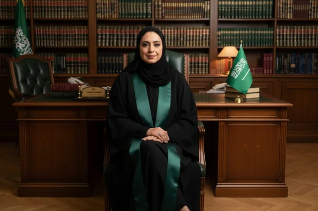قاضية سعودية في مكتب المحكمة مع العلم السعودي