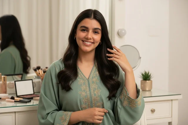 Saudi Woman in Green Jalabiya at Dressing Table