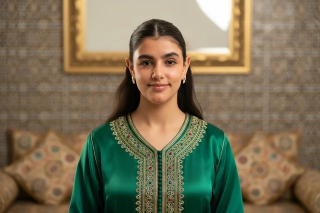 Moroccan Woman in Traditional Green Kaftan Portrait