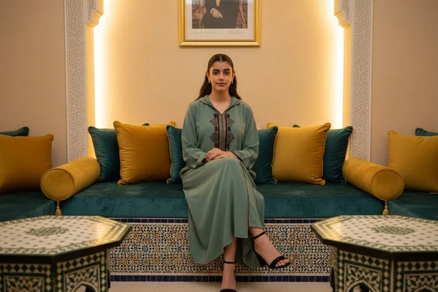 Moroccan Woman in Green Djellaba on Traditional Sofa