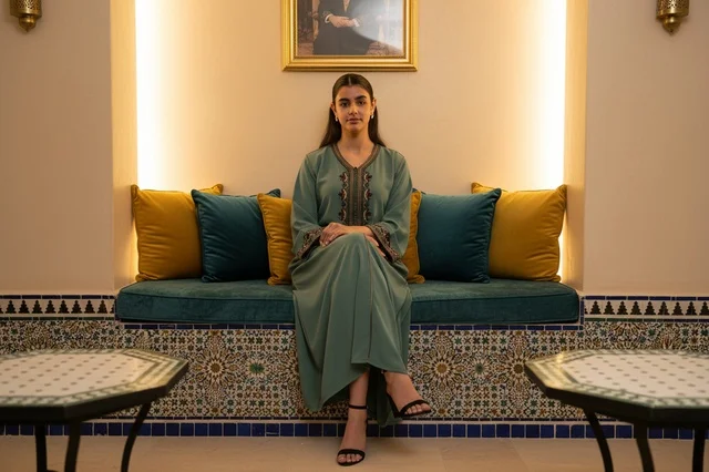 Moroccan Woman in Traditional Jalabiya and Zellige Interior