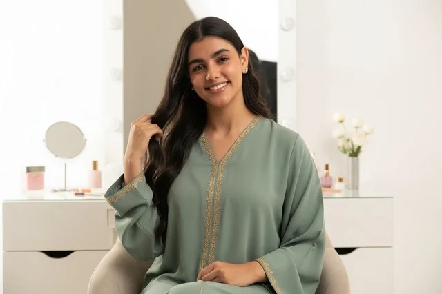 Saudi Woman in Traditional Green Kaftan at Vanity