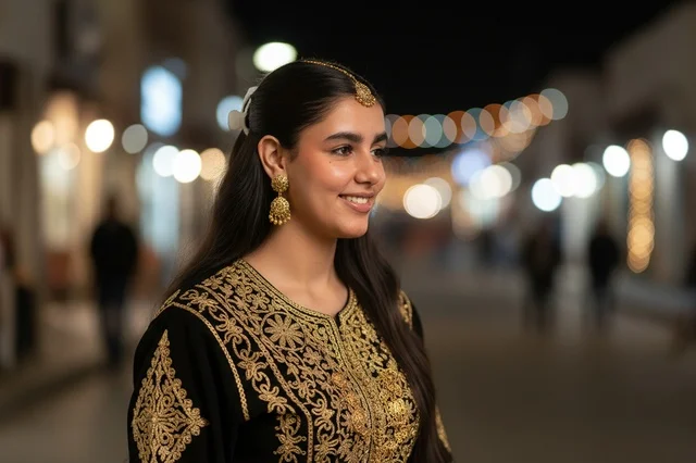 Saudi Woman in Traditional Jalabiya at Night Market