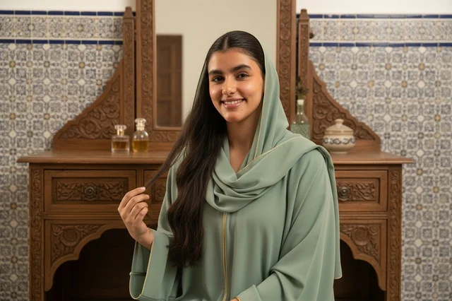 Moroccan Woman in Green Jellaba with Zellige Tile Background
