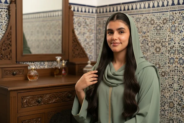 Moroccan Woman in Green Kaftan with Zellige Background