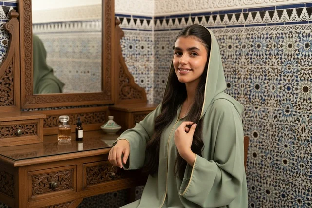 امرأة مغربية بالجلابة التقليدية أمام جدار الزليج