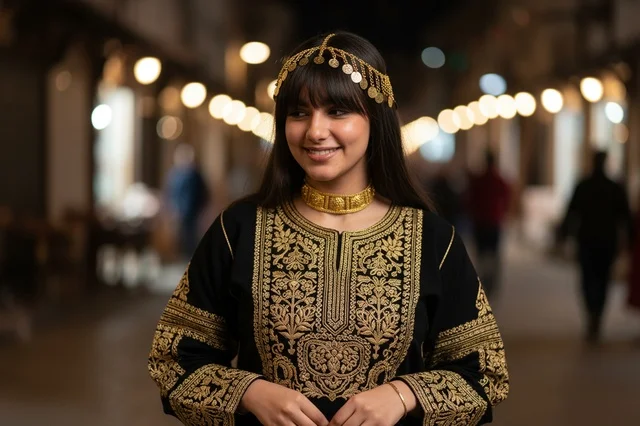 Jordanian Woman in Traditional Black Embroidered Dress