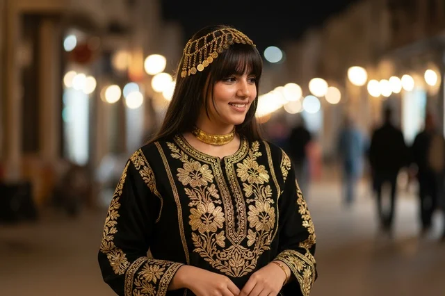 Saudi Woman in Traditional Black and Gold Thobe at Night