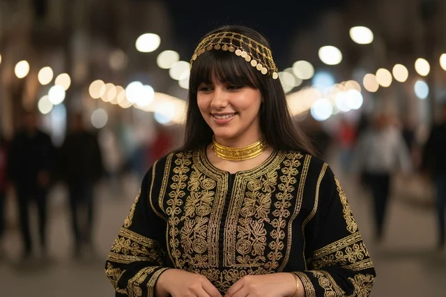 امرأة سعودية بالثوب التقليدي المطرز بالذهب ليلاً