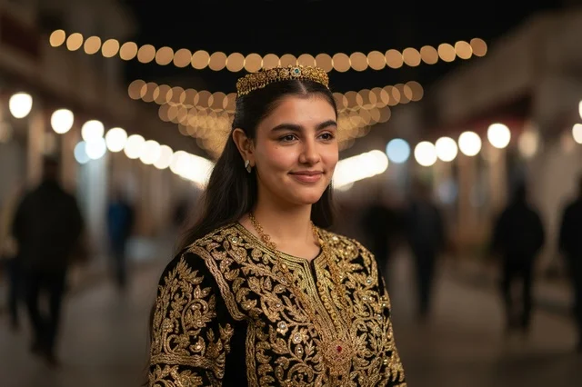 Algerian Woman in Traditional Karakou at Night