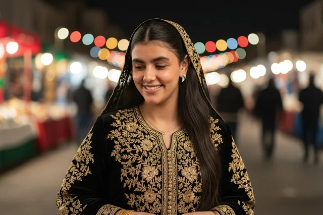 Saudi Woman in Traditional Jalabiya at Night Market