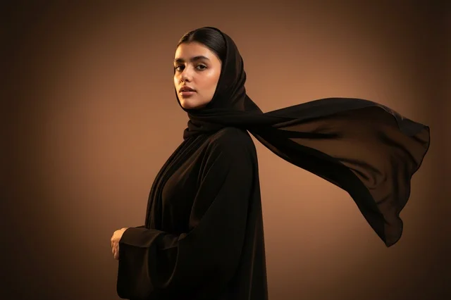 Saudi Woman in Black Abaya and Flowing Hijab