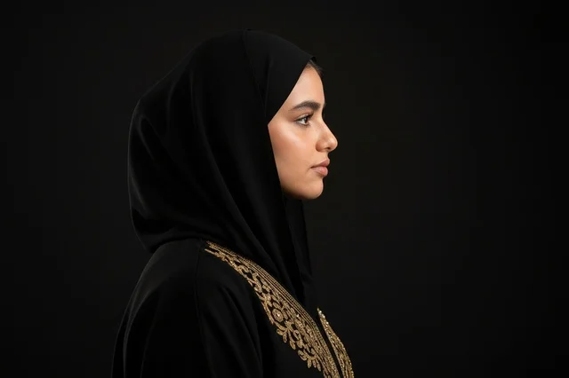 Arab Woman in Traditional Black Abaya Profile View