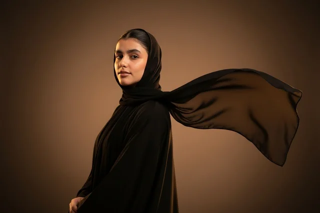 Saudi Woman in Traditional Black Abaya and Shayla