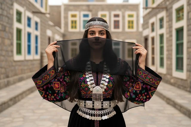 امرأة سعودية بالزي العسيري التقليدي والحلي الفضية