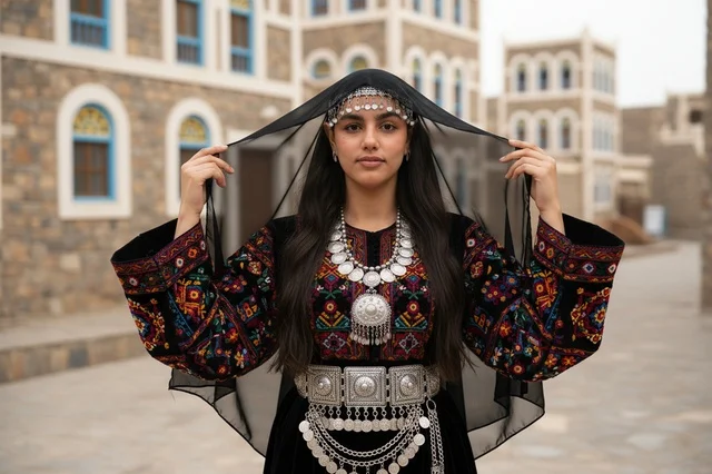 امرأة سعودية بالزي العسيري التقليدي في موقع تراثي