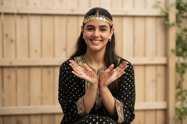 Arab Woman in Traditional Jalabiya with Henna Art