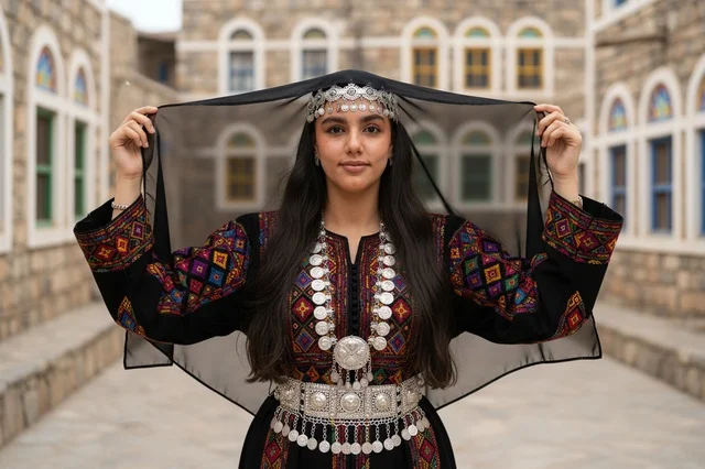 امرأة سعودية بالزي العسيري التقليدي والمجوهرات التراثية