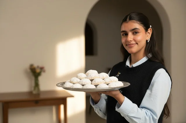 امرأة عربية تحمل صينية كعك العيد التقليدي في المنزل