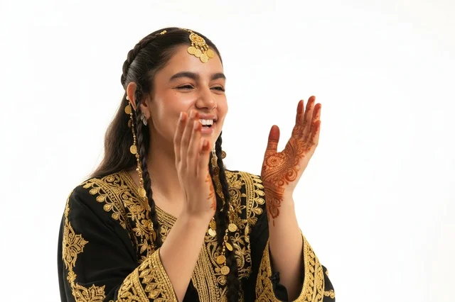 Emirati Woman in Traditional Dress Clapping with Henna Emirati Woman in Traditional Dress Clapping with Henna