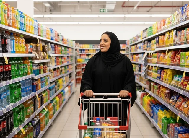 امرأة عربية بالعباءة تتسوق في سوبر ماركت حديث