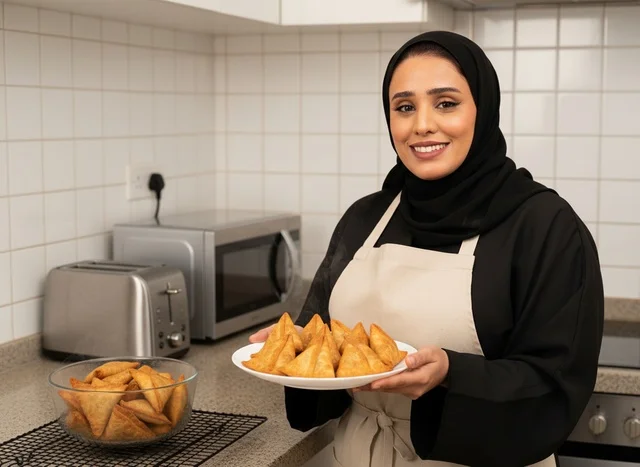 امرأة سعودية بالعباءة تحمل طبق سمبوسة في المطبخ