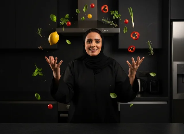 Emirati Woman in Kitchen with Levitating Fresh Food